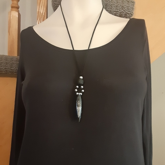 Beautiful Orthoceras Fossil/Genuine Black Leather Cord/ Lava Stone Necklace - Picture 8 of 8